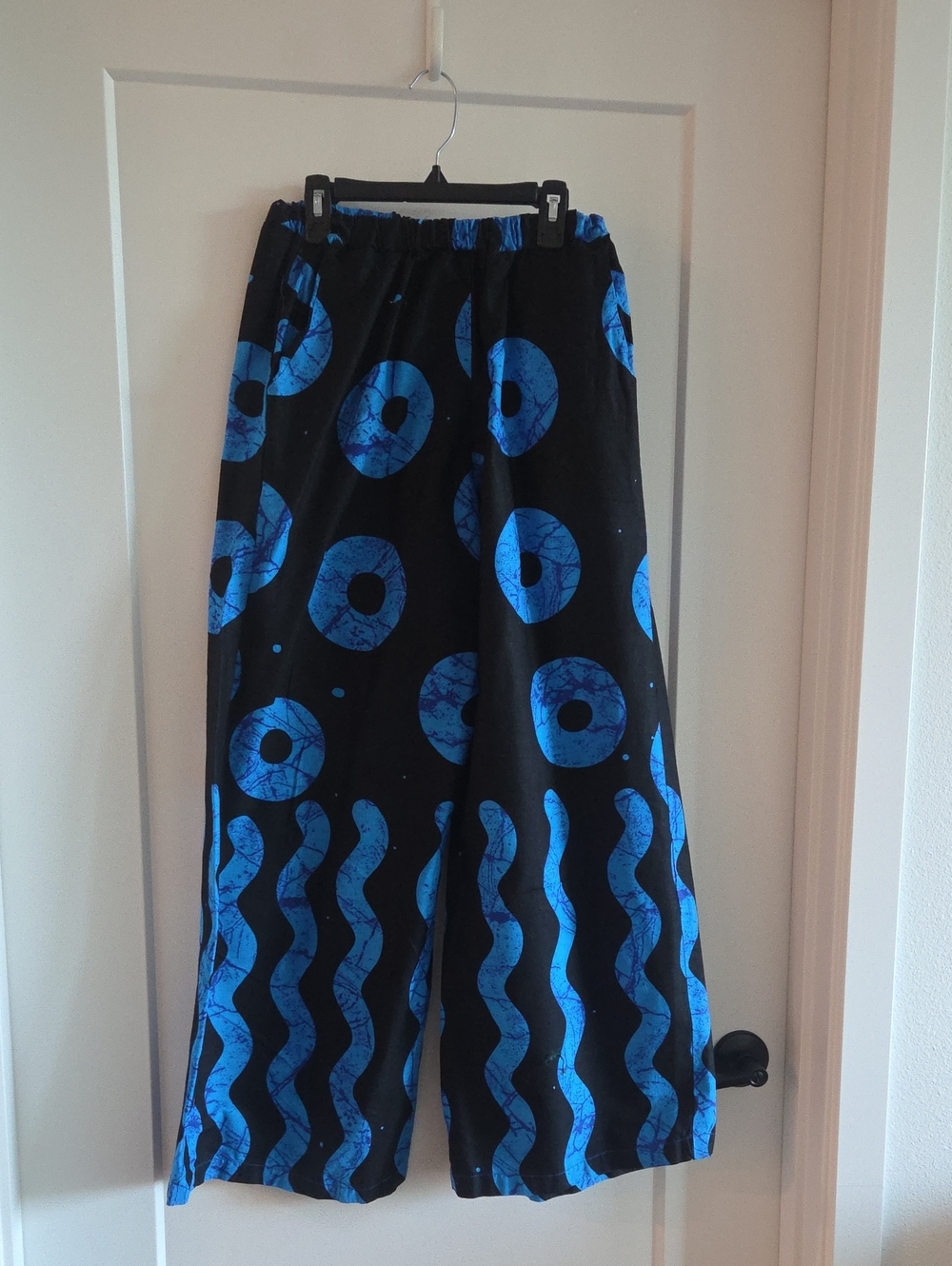 Black Wide-Leg Pants with Blue Abstract Print